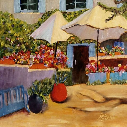 Colorful Cafe Oil Painting with 2 umbrellas and lots of flowers