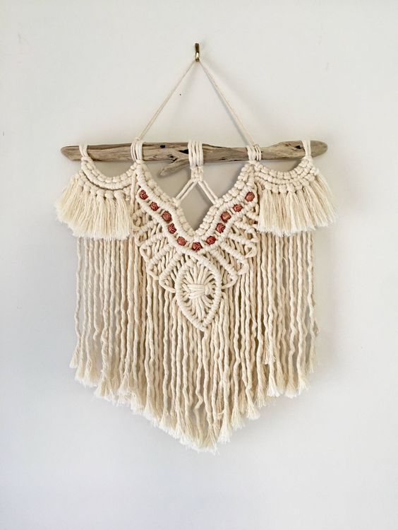 Cream Macrame Wall Hanging with brown beads
