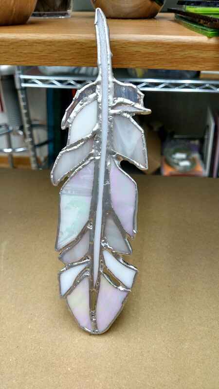 Pewter and Iridescent White Stained Glass Feather Sun Catcher