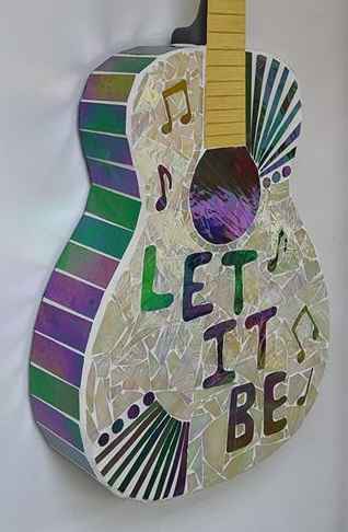 Iridescent Green and White Mosaic Guitar titled Let It Be with musical notes