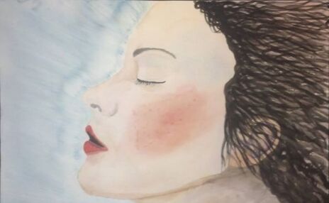 Muted Watercolor Portrait Painting titled Breeze because the wind is blowing her hair back