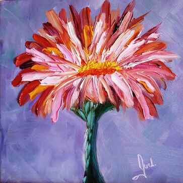 Pink Single Flower Oil Painting with blueish-green stem and purple background