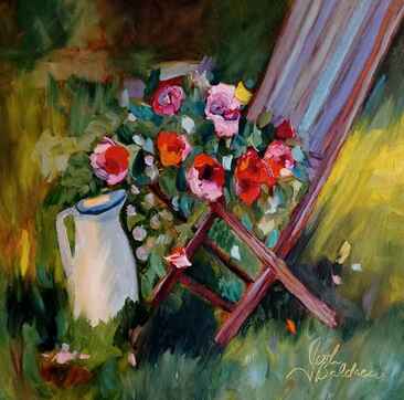 Colorful Backyard Oil Painting with a bouquet of flowers laying on a folding chair and the vase on the grass