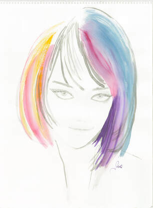 Shy is a Watercolor Portrait Painting of a young lady with colorful hair 